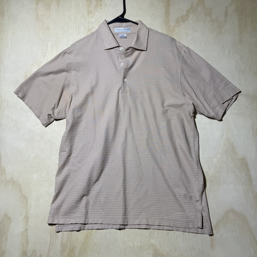 Martin Timeless as the Game Men's Large Pima Cotton Golf Polo Shirt Beige Stripe